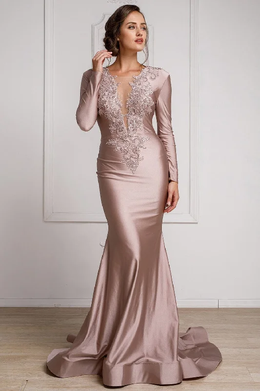 Wedding guest dresses with unique prints for a personal touch -Applique Long Sleeve Lycra Gown by Amelia Couture 382