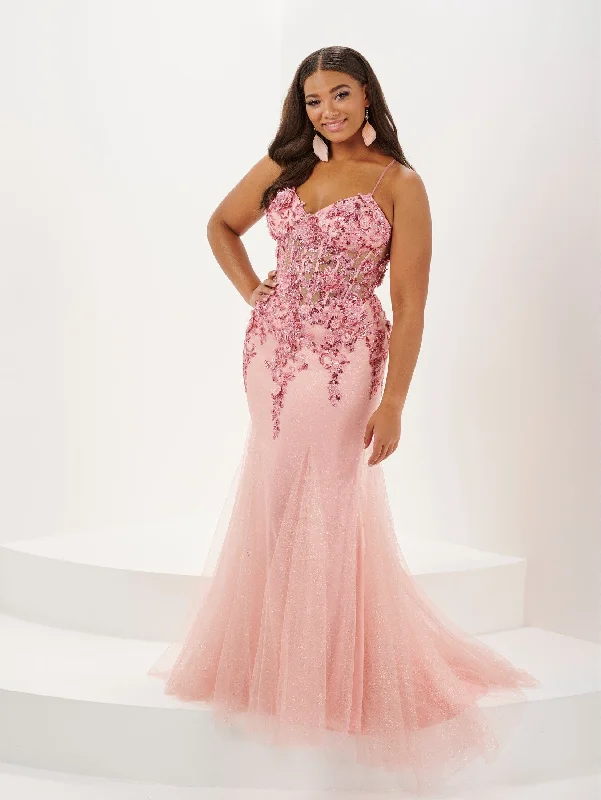 Wedding guest dresses with delicate details for a polished look -Plus Size Applique Sheer Corset Gown by Tiffany Designs 16133