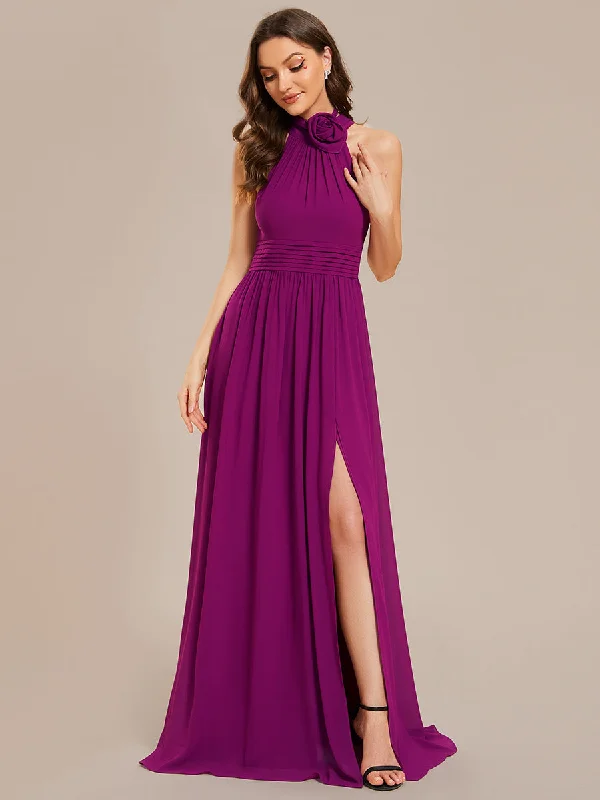 formal dresses with embroidered beadwork for luxury appeal --Wholesale Chiffon Halter Neckline Sleeveless Evening Dresses