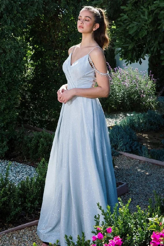 Trendy wedding guest dresses with cut-out details for added drama -Metallic Cold Shoulder A-line Slit Gown by Eureka 9800