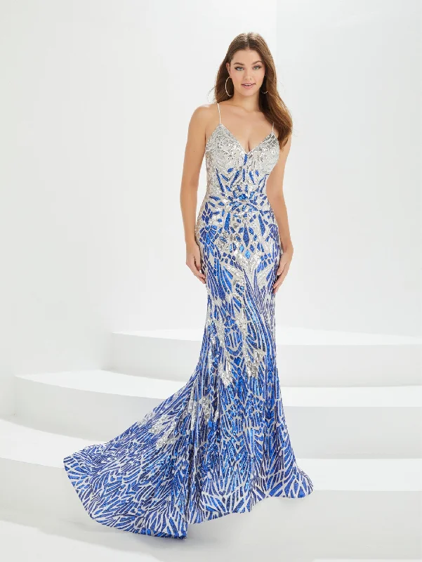 cocktail dresses with chiffon overlays for soft texture --Sequin Print V-Neck Mermaid Dress by Tiffany Designs 16023