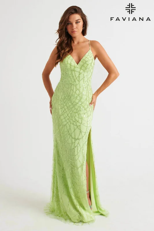 short cocktail dresses with sequins for holiday celebrations --Beaded Strappy Back Slit Gown by Faviana 11084