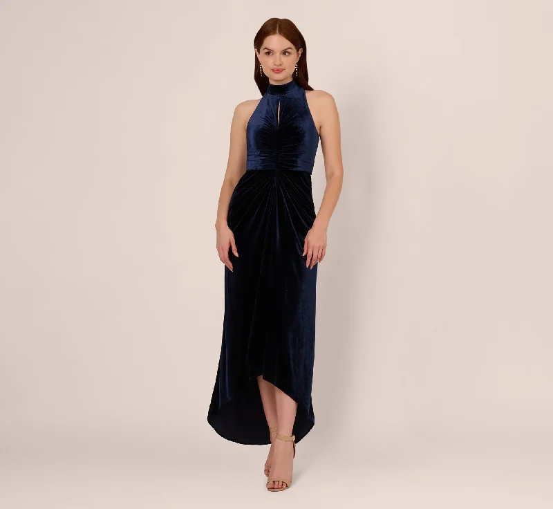 formal dresses with satin fabric for smooth finish --Velvet High Low Halter Gown With Cutout Mock Neck In Midnight