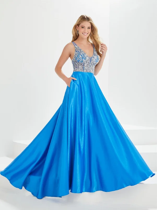 cocktail dresses with floral prints for daytime events --Beaded Satin A-line Pocket Gown by Tiffany Designs 16024