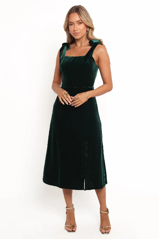 Sophisticated wedding guest dresses with subtle embellishments -Laurel Velvet Midi Dress - Emerald Green