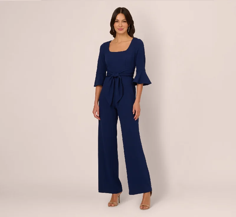 Spring dresses with sequin accents for a party-ready style -Knit Crepe Wide Leg Jumpsuit With Bell Sleeves In Navy Sateen