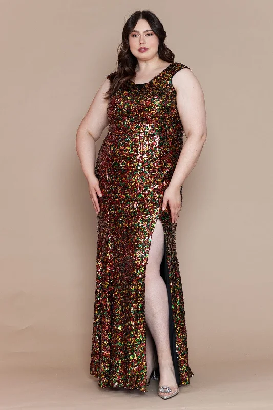 Off-shoulder wedding guest dresses for a romantic look -Plus Size Fitted Multicolor Sequin Gown by Poly USA W1124