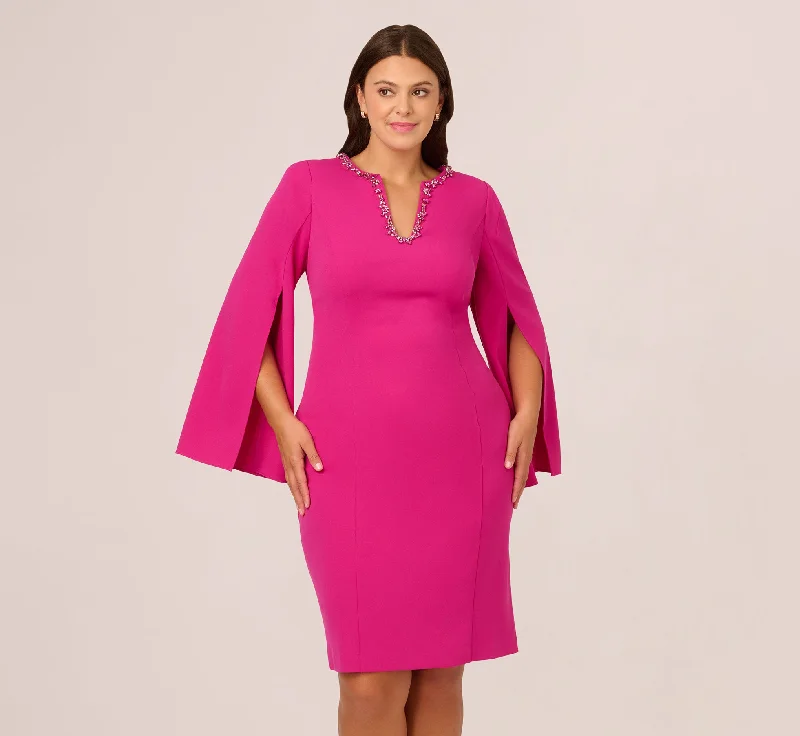 Trendy wedding guest dresses with cut-out details for added drama -Plus Size Knit Crepe Jewel Short Dress In Berry Rose