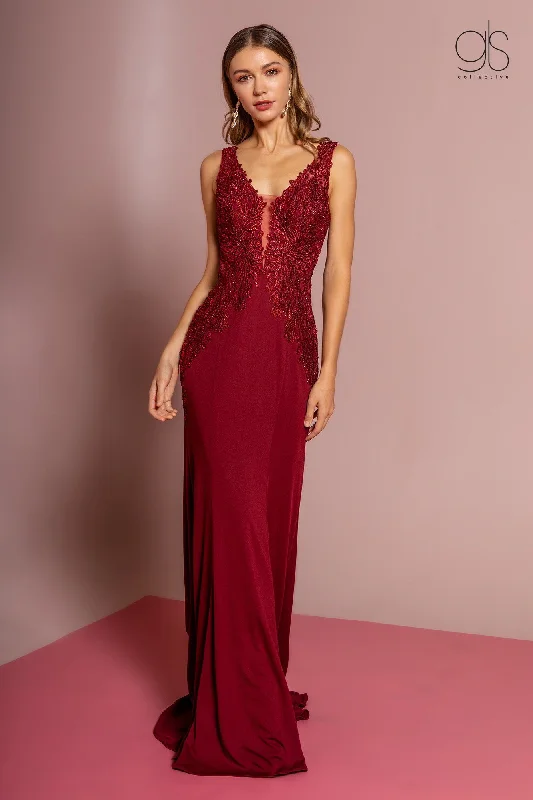 cocktail dresses with bow accents for feminine touch --Long V-Neck Dress with Embroidered Bodice by Elizabeth K GL2614