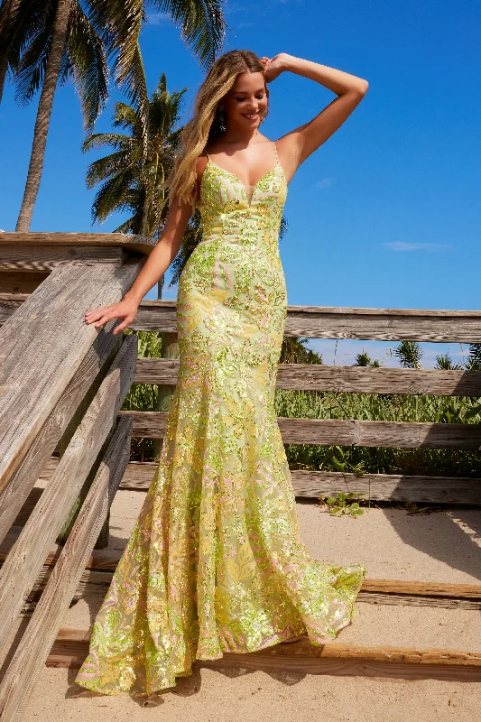 cocktail dresses with puffed sleeves for vintage flair --Sequin Print Sleeveless Gown by Nox Anabel Q1540