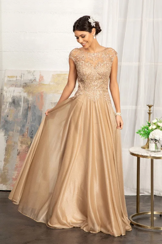Wedding guest dresses in emerald green for a pop of color -Applique Cap Sleeve Chiffon Gown by Elizabeth K GL3068