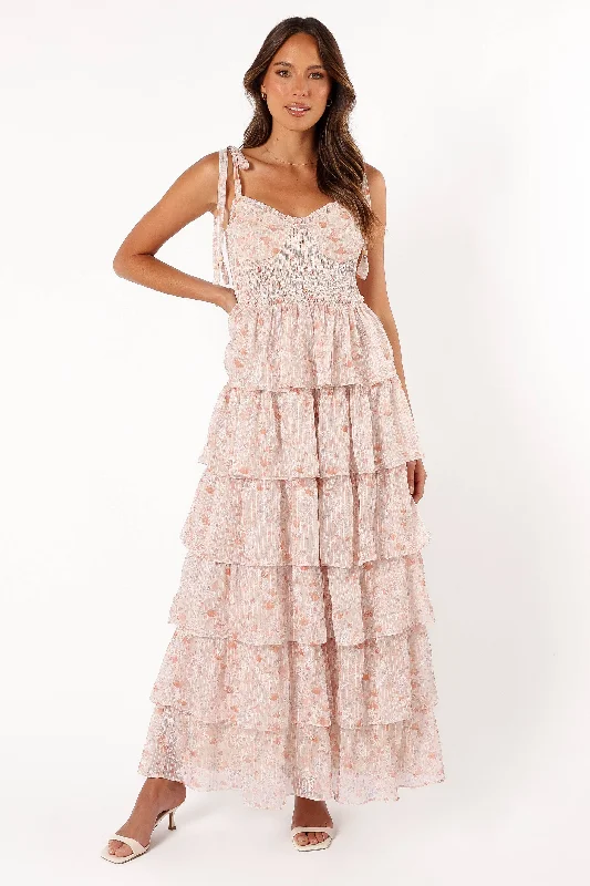 Trendy wedding guest dresses in bold prints for a statement look -Kristah Maxi Dress - Peach Floral