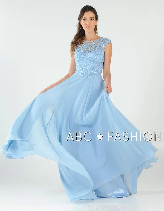 bridesmaid dresses with tiered skirts for volume and movement --Long Embroidered Cap Sleeve Dress with Slit by Poly USA 8254