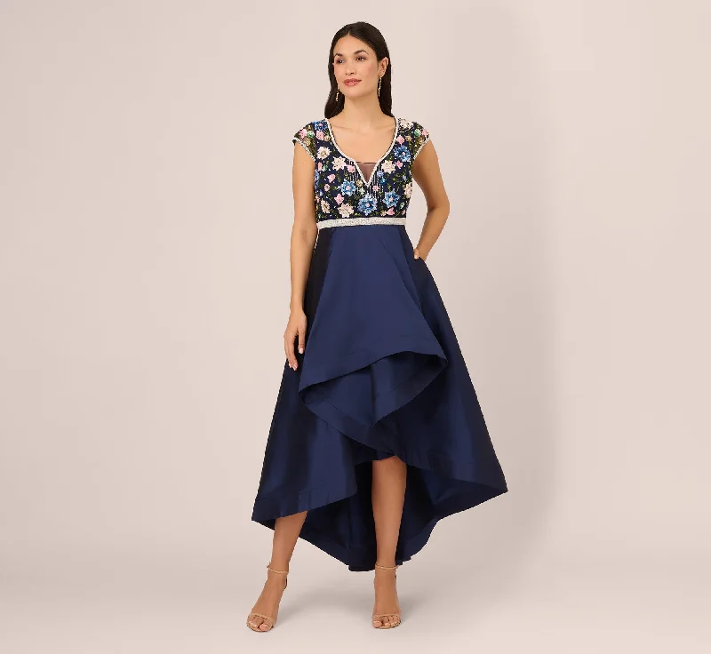 formal dresses with built-in cooling technology for hot climates --Cap Sleeve Beaded Gown With Taffeta High Low Skirt In Light Navy