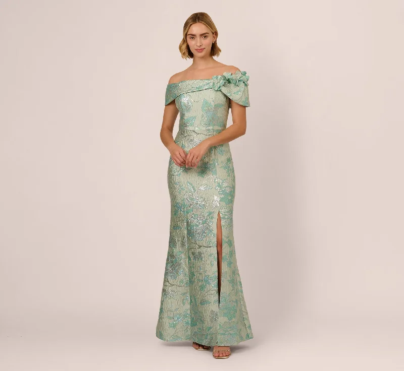 formal dresses with off-shoulder sleeves for summer events --Off Shoulder Floral Jacquard Mermaid Gown In Icy Sage