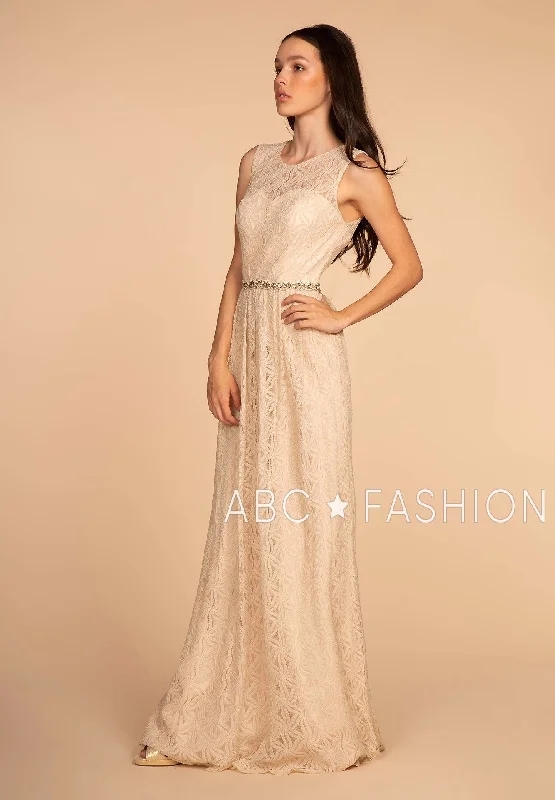 Comfortable wedding guest dresses for outdoor celebrations -Long Lace Dress with Jeweled Waistband by Elizabeth K GL2611