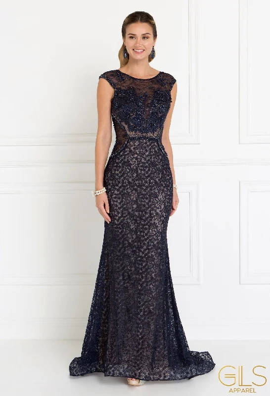 Wedding guest dresses that pair perfectly with neutral shoes -Long Cap Sleeve Lace Dress by Elizabeth K GL1531