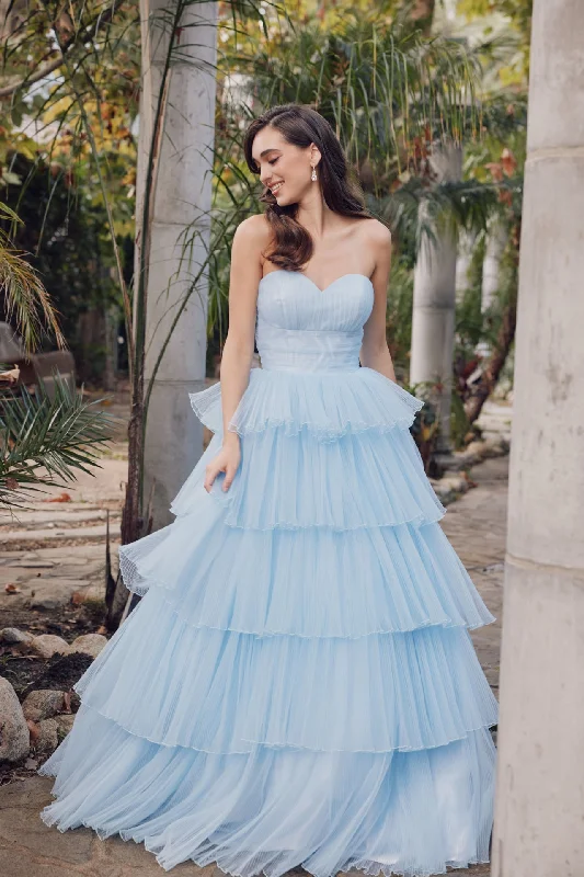 formal dresses with floral appliques for romantic looks --Strapless A-line Tiered Ruffled Gown by Juliet JT2452K