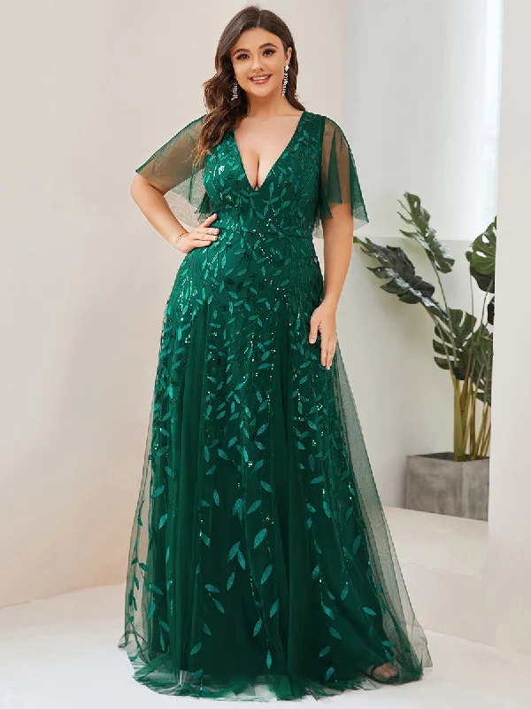 formal dresses for destination weddings with breathable fabrics --Plus Size Deep V Neck Wholesale Sequin Evening Gown With Short Sleeves