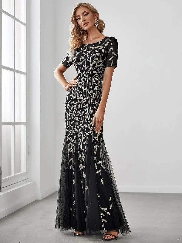 formal dresses with satin fabric for smooth texture --Women's Floral Sequin Fishtail Tulle Dresses for Party