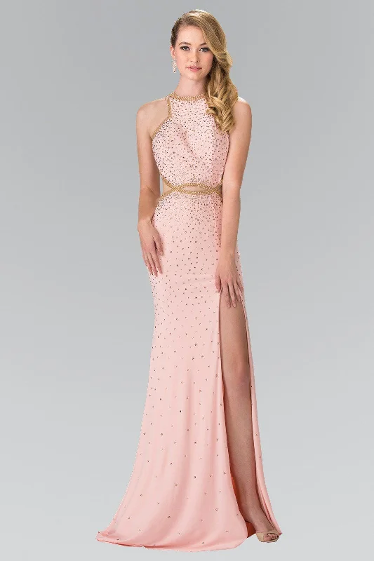 cocktail dresses with floral embroidery for romantic style --Long Beaded Halter Dress with Slit by Elizabeth K GL2265