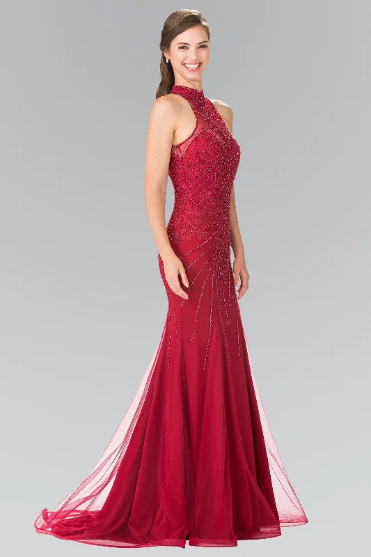 cocktail dresses with wrap skirts for adjustable fit --Long Beaded Tulle Halter Dress by Elizabeth K GL2263