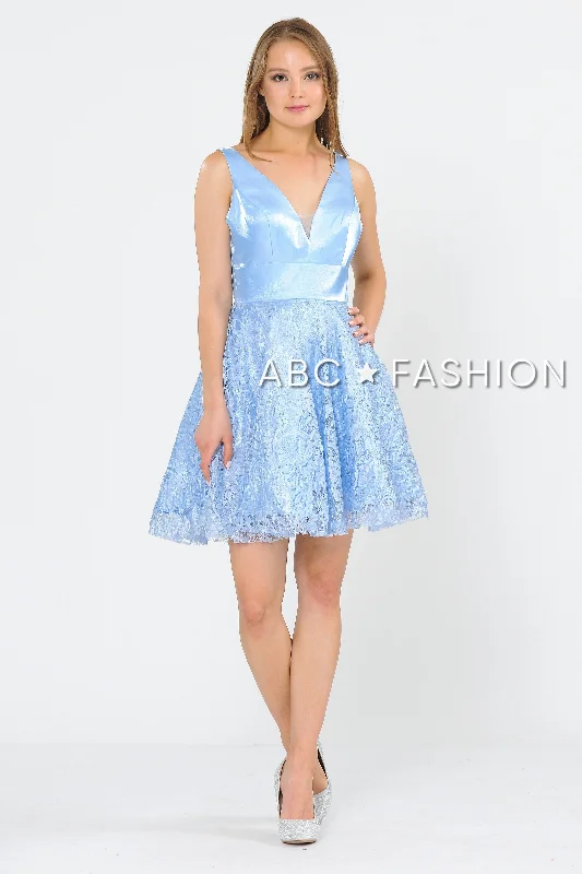 Graduation dresses with a wrap-around style for an elegant fit -Short V-Neck Dress with A-line Lace Skirt by Poly USA 8418