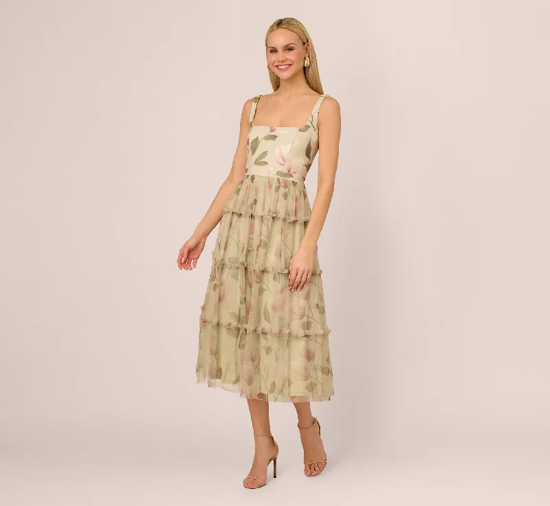 Wedding guest dresses with pleated details for added texture -Sleeveless Square Neck Floral Tiered Midi Dress In Green Multi