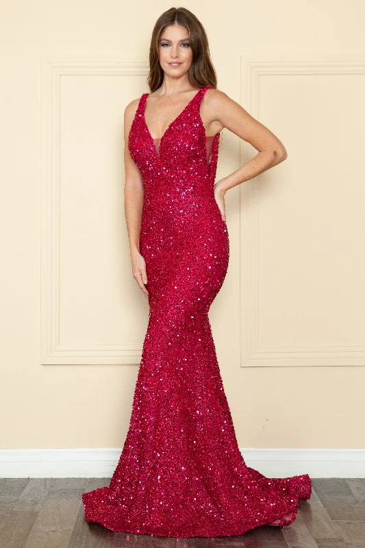 formal dresses with adjustable straps for custom fit --Fitted Sequin Sheer V-Neck Gown by Poly USA 9108