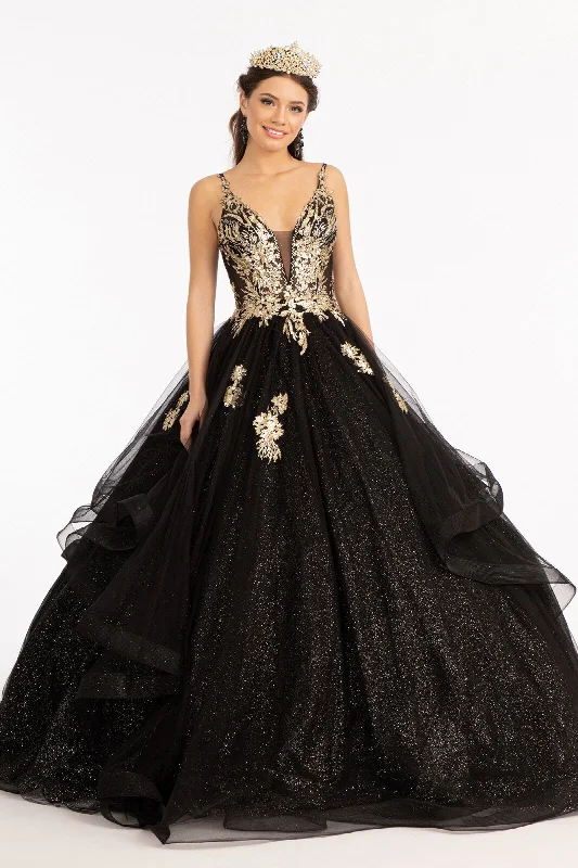 formal dresses for winter galas with fur collars --Glitter V-Neck Ball Gown by Elizabeth K GL3021