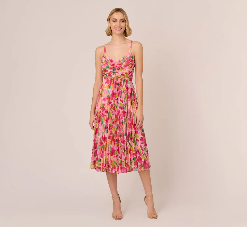Spring dresses for all-day comfort with soft fabrics -Floral Print Pleated Chiffon Midi Dress In Pink Green Multi