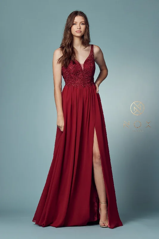 bridesmaid dresses with satin belts for waist accentuation --Embroidered Bodice A-line Gown by Nox Anabel Y299