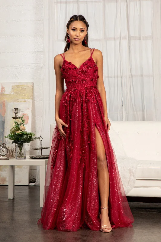 formal dresses for office parties with knee-length cuts --3D Floral Strappy Back Gown by Elizabeth K GL3033