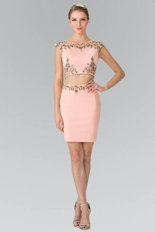 Graduation dresses with a tie waist for adjustable comfort -Short Two-Piece Dress with Floral Embroidery by Elizabeth K GS1439