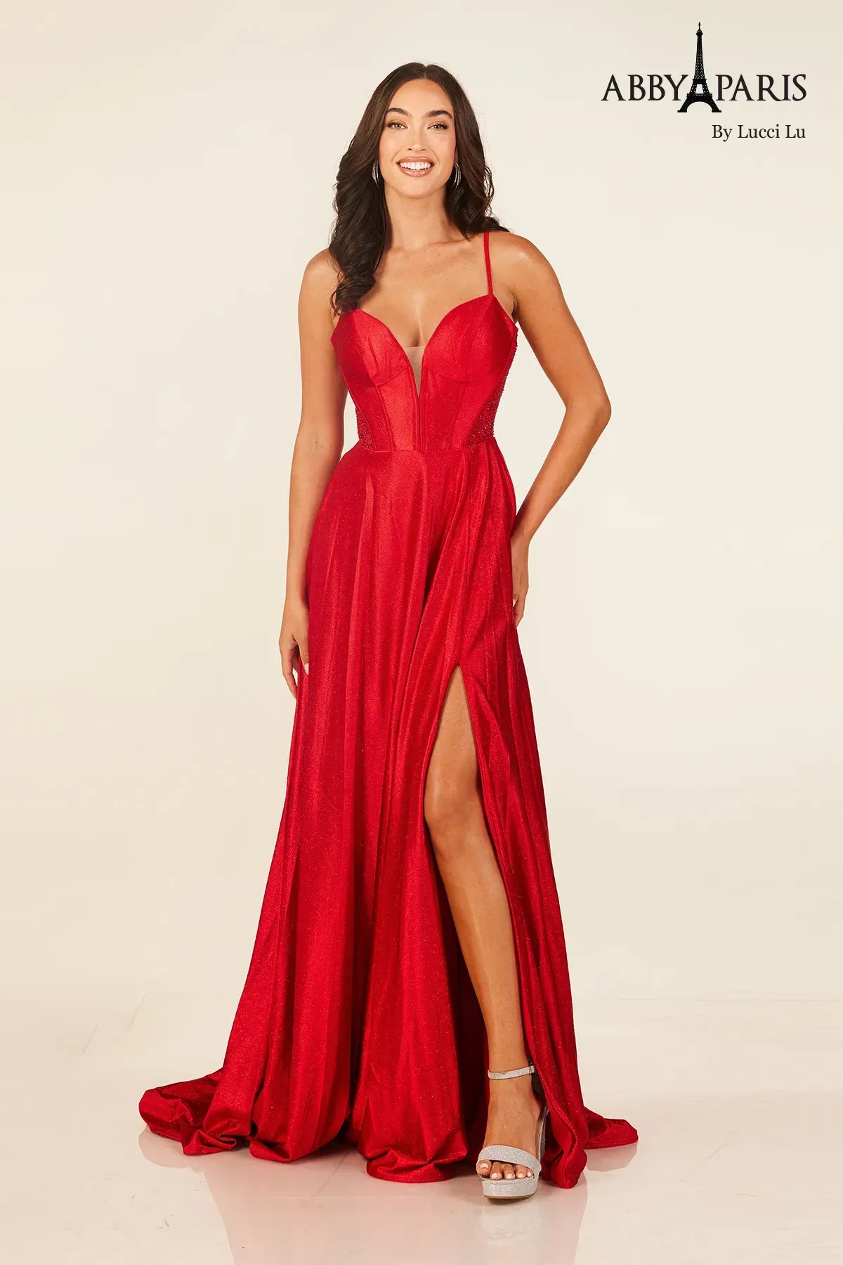 cocktail dresses with lace backs for intricate detail --Glitter Corset A-line Slit Gown by Abby Paris 90346