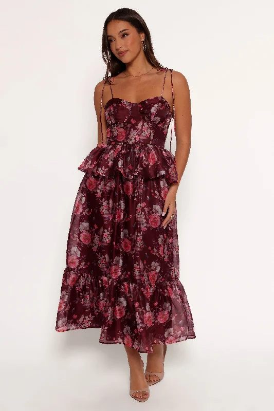 cocktail dresses with satin sashes for waist accentuation --Mazy Midi Dress - Purple/Magenta