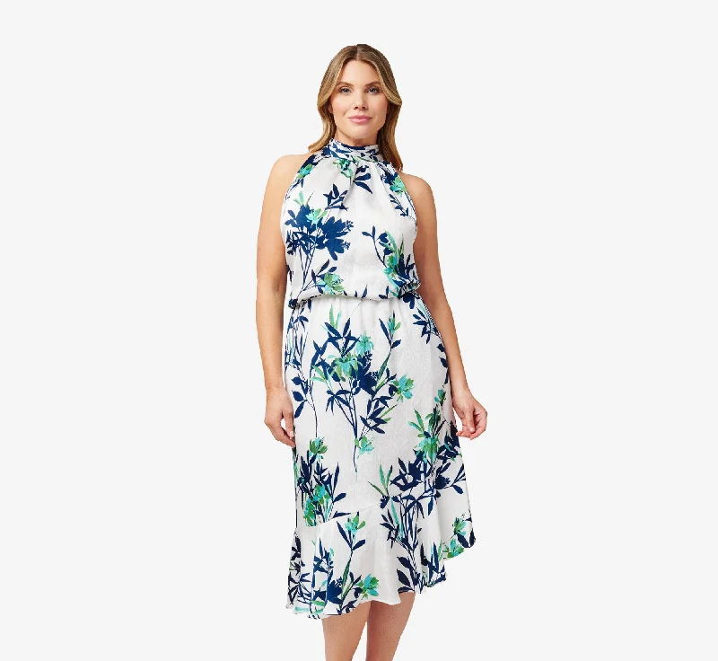 Colorful spring dresses for a fun, vibrant wardrobe -Plus Size Floral-Print Crepe Midi-Length Blouson Halter Dress In Ivory Multi