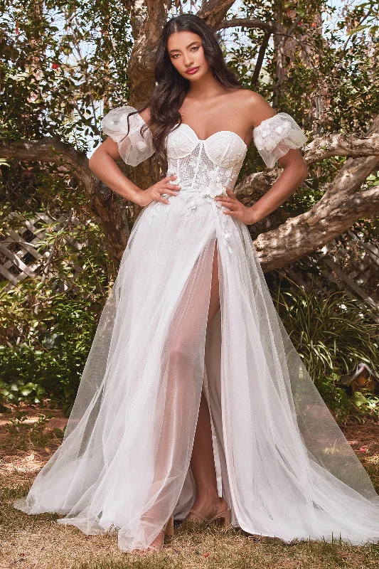 formal dresses with floral embroidery for spring occasions --White 3D Floral Gown by Cinderella Divine CB080W