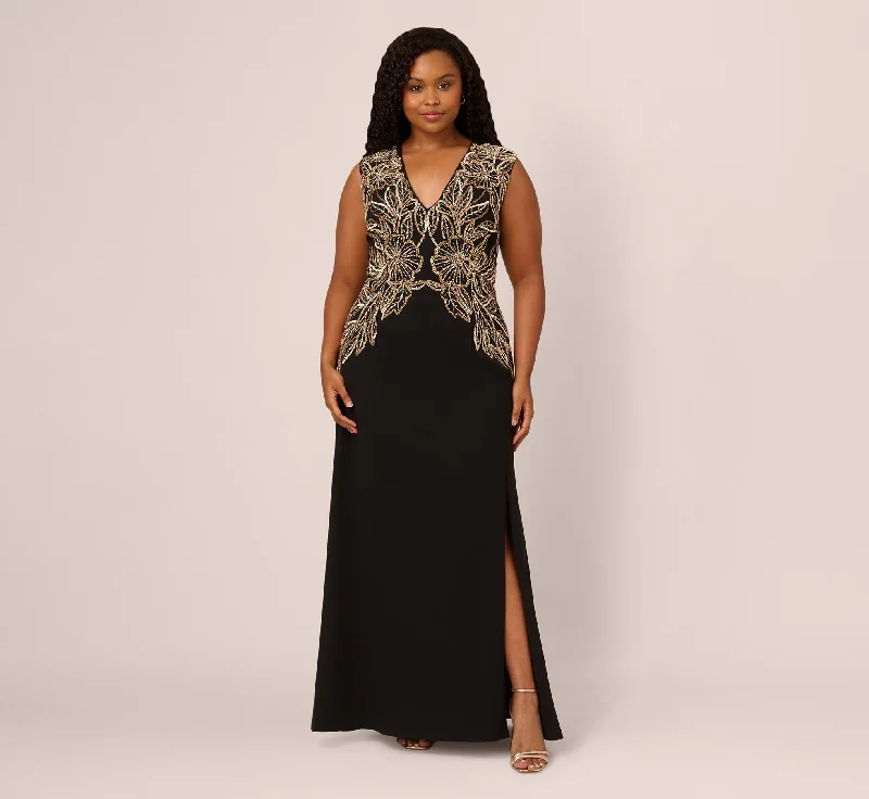 formal dresses in sustainable fabrics like organic cotton --Plus Size Beaded Crepe Long Dress In Black
