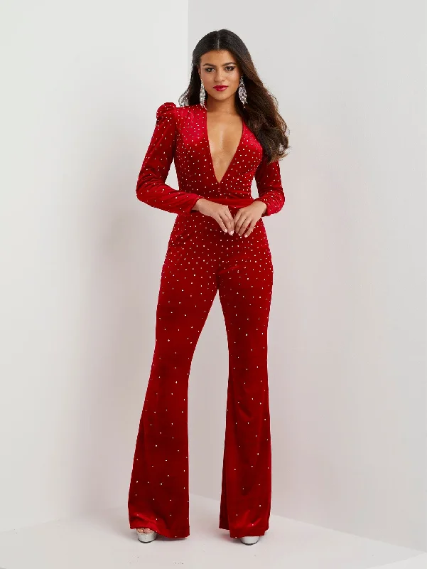 cocktail dresses with pleated skirts for elegant flow --Beaded Velvet Long Sleeve Jumpsuit by Panoply 14125