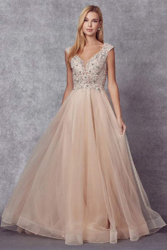 formal dresses with off-shoulder sleeves for summer events --Embroidered Cap Sleeve Tulle Gown by Juliet 684