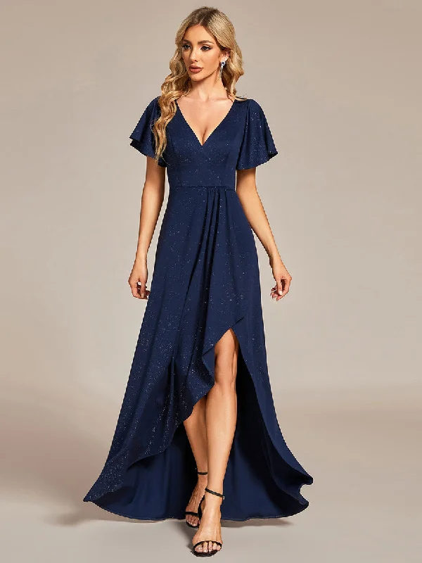 formal dresses for prom with sweetheart necklines --Tea Length Split Shiny Wholesale Evening Dresses With Ruffle Sleeves
