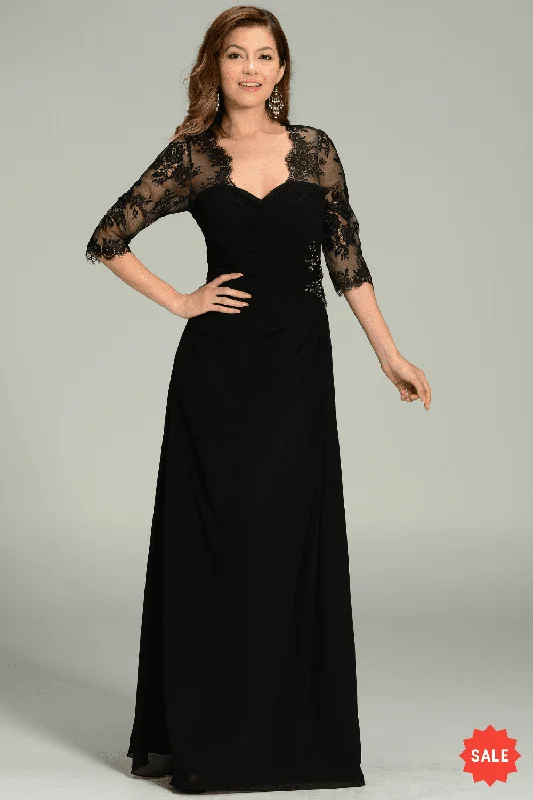 Stylish wedding guest dresses for beach weddings -Long Chiffon Dress with Lace Sleeves by Poly USA 7210