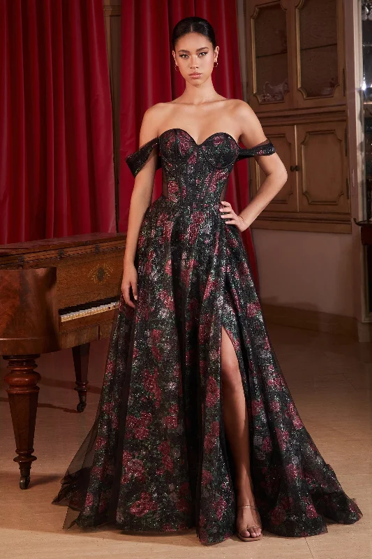 formal dresses with adjustable waist ties for comfort --Floral Print Off Shoulder Corset Slit Gown by Ladivine CD806