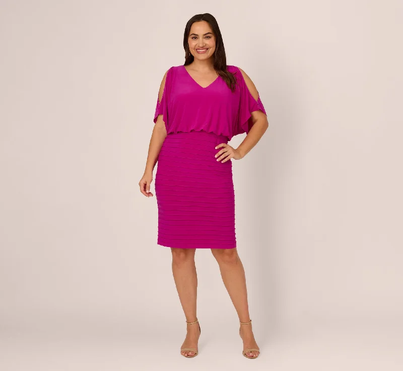 Spring dresses for outdoor weddings with breathable fabrics -Plus Size Blouson Pintucked Dress With Cold Shoulder Sleeves In Hot Magenta