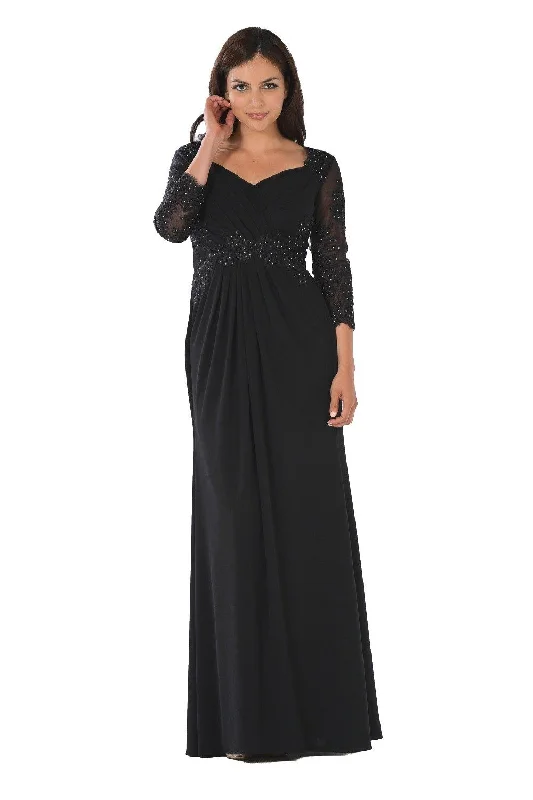 Short wedding guest dresses for a fun, playful look -Long Lace Applique Pleated Dress with Sleeves by Poly USA 7812