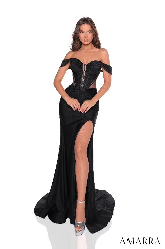 cocktail dresses with mesh sleeves for subtle coverage --Jersey Off Shoulder Corset Slit Gown by Amarra 88220