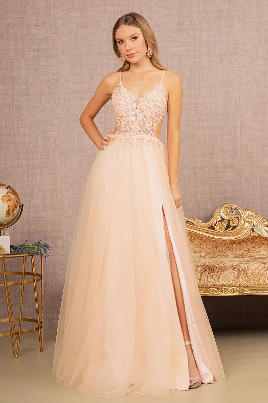 formal dresses for tall women with high slits --Applique Sleeveless A-line Gown by Elizabeth K GL3152