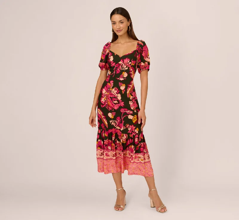 Spring dresses with crochet details for a boho vibe -Floral Print Maxi Dress With Puff Sleeves In Hunter Multi