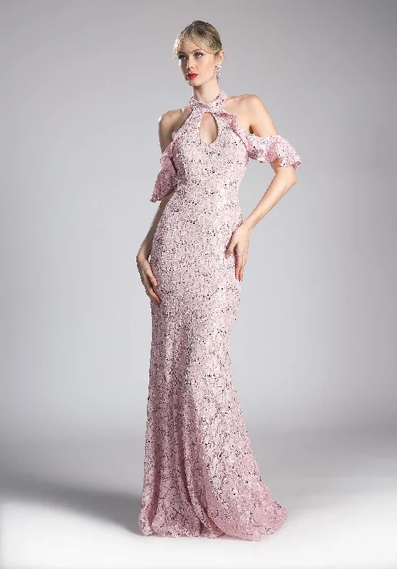 cocktail dresses with ruffles for spring garden parties --Long Cold Shoulder Lace Dress by Cinderella Divine C0701